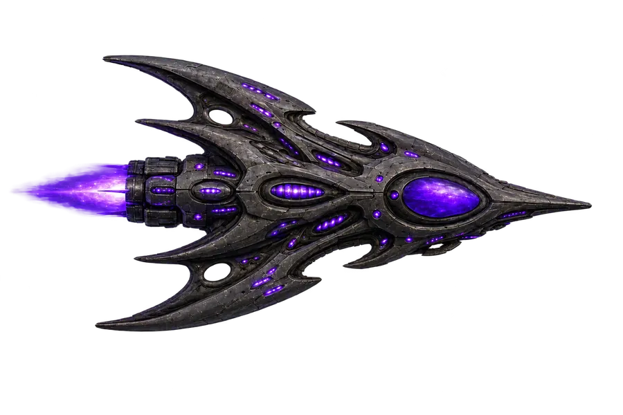 A black ship of unfamiliar, organic design glowing violet